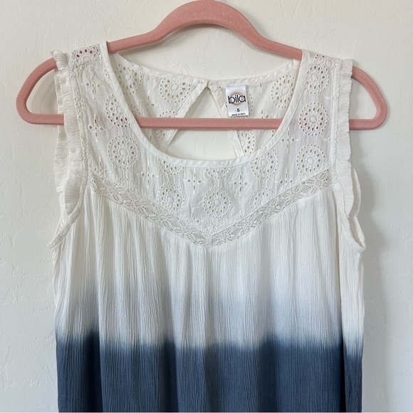 Anthropologie Bila Boho Blue White Ombré Tie Dye Eyelet Lace Tank Top Size Small - Picture 3 of 11